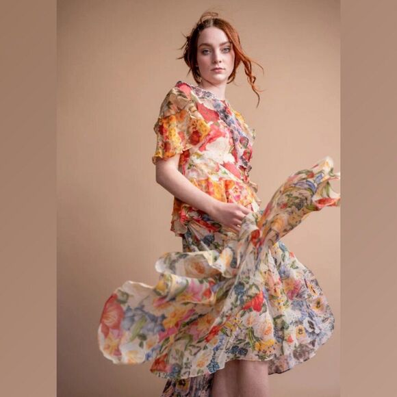 ZIMMERMANN Wonderland Flounce Floral Midi Dress Asymmetrical Tiered Ruffles Sz 4 - Picture 2 of 16